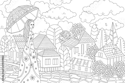 nice girl with umbrella in the city for your coloring book