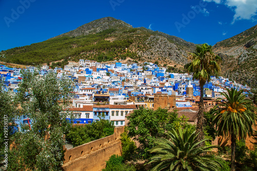The famous blue city of Chefchaouen, top view.