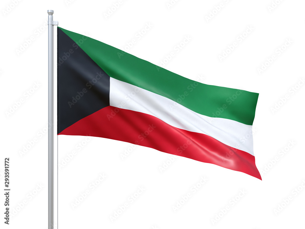 Kuwait flag waving on white background, close up, isolated. 3D render
