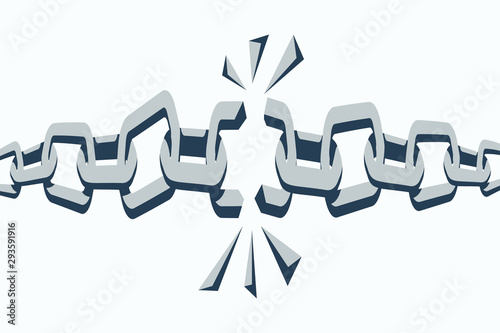 Broken chain links. Freedom concept. Broken metal chain with iron pieces. Disconnect abstract background. Vector illustration flat design.
