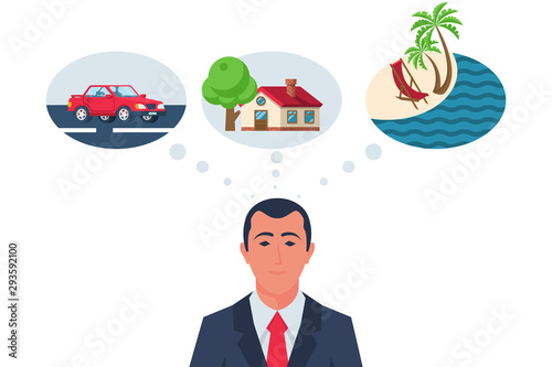 Businessman dreams of a new car at home or a vacation on the island. Concept investment and earning. Vector illustration flat design. Isolated on white background. Successful people.