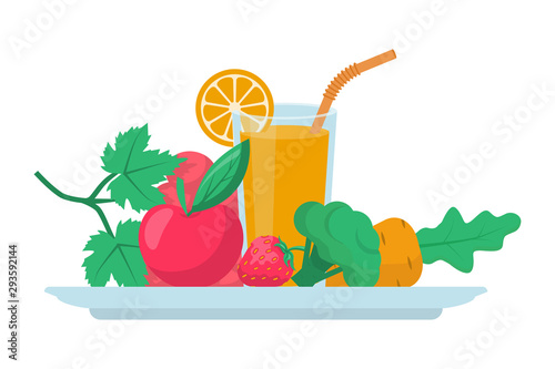 Healthy food concept. Tray of fresh vegetables, fruit and juice, symbol of a healthy diet. Veggie food, eat vitamins. Vector illustration flat design. Isolated on white background.