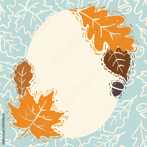 Linocut Style Autumn Leaves Vector Frame background