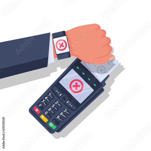 Rejected payment smart watch. NFC concept. Cashless payment smart clock. Contactless terminal. Modern man uses technology. Vector illustration flat design. Blocked credit card. Non-cash transactions.