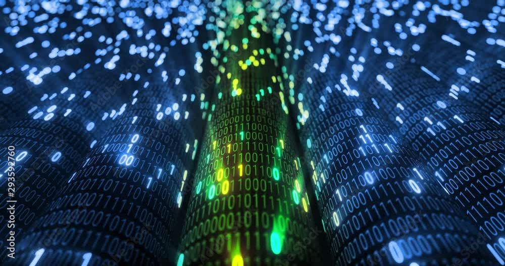 Abstract blue and orange digital binary code matrix background with ...