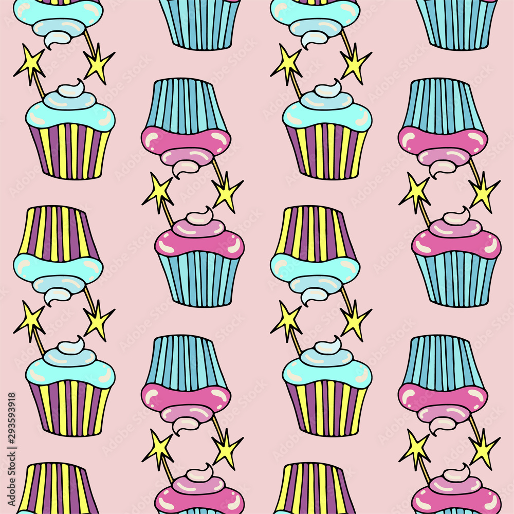 Cute seamless pattern with cupcake. Hand-drawn vector sweets in doodle style. Print for textile, banners, label and flyer