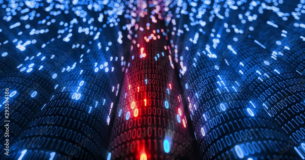 Abstract blue and orange digital binary code matrix background with flare. Futuristic Big data information technology, data center, block chain, server, internet, hi-speed. 3D rendering	