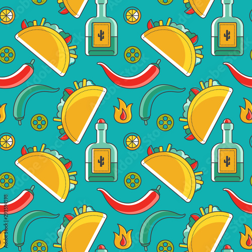 mexican seamless pattern with traditional symbols such as taco and tequila