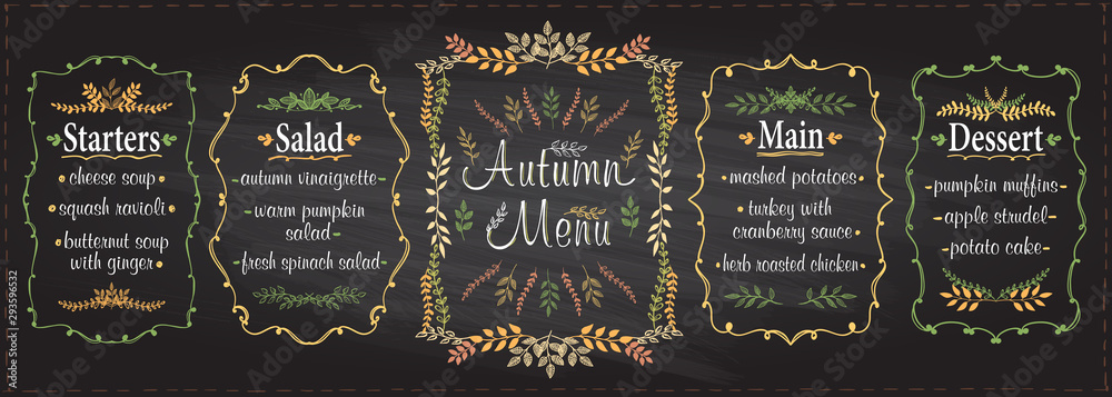 Autumn season chalk menu set - starters, salad, main and dessert