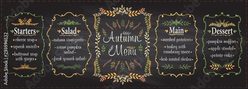 Autumn season chalk menu set - starters, salad, main and dessert
