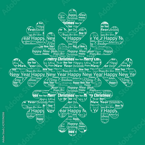 Isolated white snowflake made of font texture on a green background. Editable vector illustration for card, flyer, New Year, Christmas design.