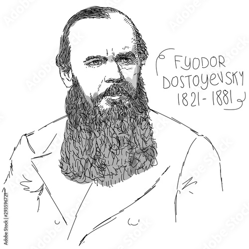 Fyodor Dostoyevsky line art portrait isolated on white background for prints, greeting cards and design elements. photo