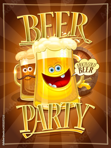Beer party poster design concept with cartoon beer mugs