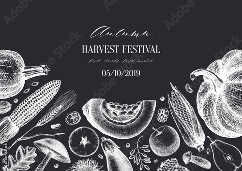 Autumn harvest festival vector design. Traditional Thanksgiving day  top view. Fall season backdrop with hand drawn plants, fruits, vegetables, mushrooms illustration. Traditional food ingredients