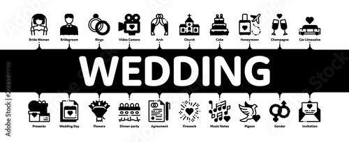 Wedding Minimal Infographic Web Banner Vector. Characters Bride And Groom, Rings And Limousine Wedding Elements Linear Pictograms. Church And Arch, Fireworks And Dancing Contour Illustrations