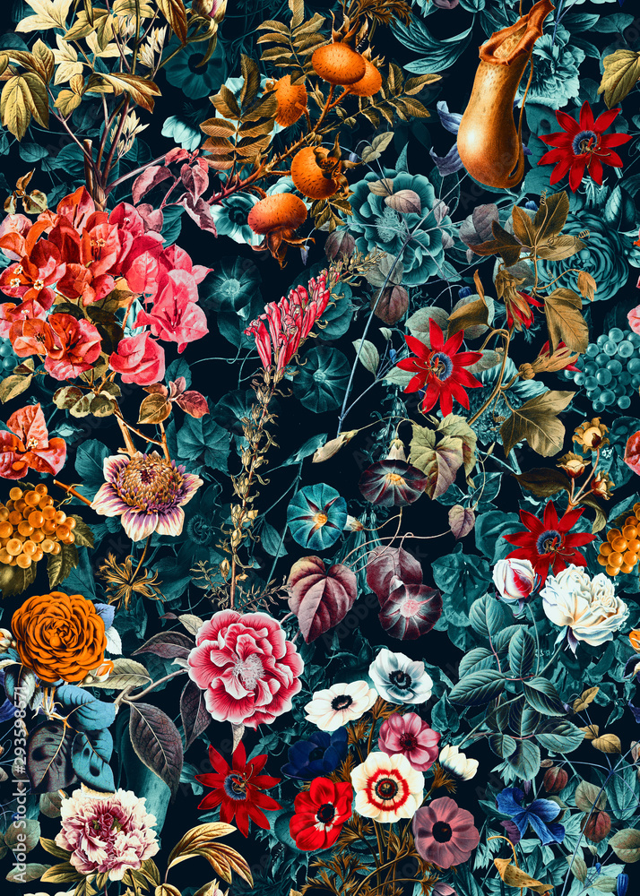 Fototapeta Abstrakcyjne kolorowe, malowane kwiaty na ciemnym tle. Wzór