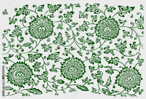 Historical chinese hand-drawn ornamental floral pattern. Green colored illustration after a 19th century etching