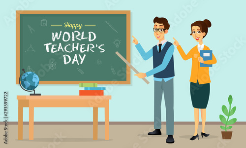 Happy World Teacher's Day cartoon illustration. Suitable for greeting card,  poster and banner Stock Vector | Adobe Stock