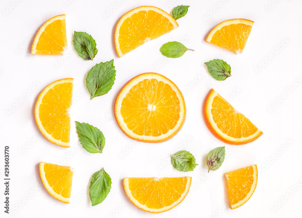 Flat lay composition with ripe oranges on white background. Top view Flat lay composition with ripe oranges on white background. Top view