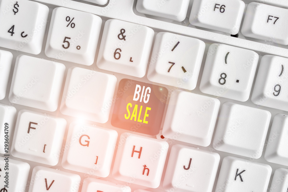 Word writing text Big Sale. Business photo showcasing putting products on high discount Great price Black Friday White pc keyboard with empty note paper above white background key copy space Word writing text Big Sale. Business photo showcasing putting products on high discount Great price Black Friday White pc keyboard with empty note paper above white background key copy space