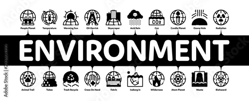 Environmental Problems Minimal Infographic Web Banner Vector. Environmental Problem, Industrial Pollution, Contamination Pictograms. Greenhouse Effect, Global Warming, Climate Change Illustrations