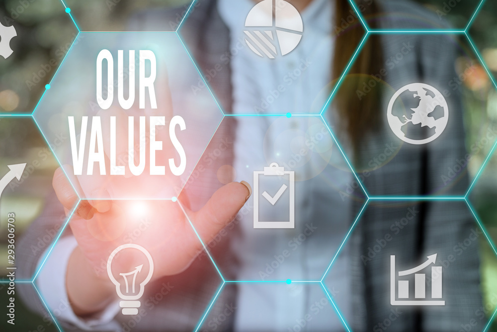 Text sign showing Our Values. Business photo text list of morals companies or individuals commit to do them Female human wear formal work suit presenting presentation use smart device Text sign showing Our Values. Business photo text list of morals companies or individuals commit to do them Female human wear formal work suit presenting presentation use smart device