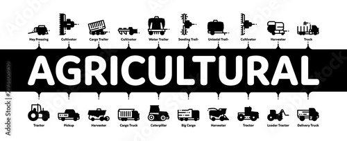 Agricultural Vehicles Minimal Infographic Web Banner Vector. Agricultural Transport, Harvesting Machinery Linear Pictograms. Harvesters, Tractors, Irrigation Machines, Combines Illustration