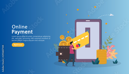 mobile payment or money transfer concept. E-commerce market shopping online illustration with tiny people character. template for web landing page, banner, presentation, social media, print media.