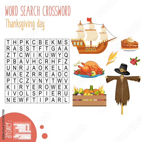 Easy word search crossword puzzle 'Thanksgiving day', for children in elementary and middle school. Fun way to practice language comprehension and expand vocabulary. Includes answers. 