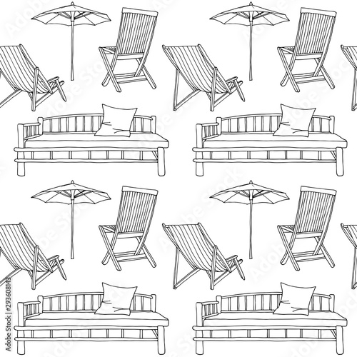 Foto Deck chairs and umbrella vector seamless pattern, hand drawn vacation beach illu