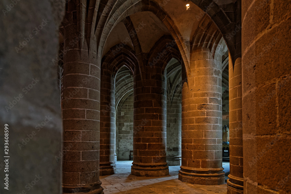 Great pillar hall. One of most recognisable french landmarks, visited by 3 million people a year, Mont Saint-Michel and its bay are on the list of World Heritage Sites.
