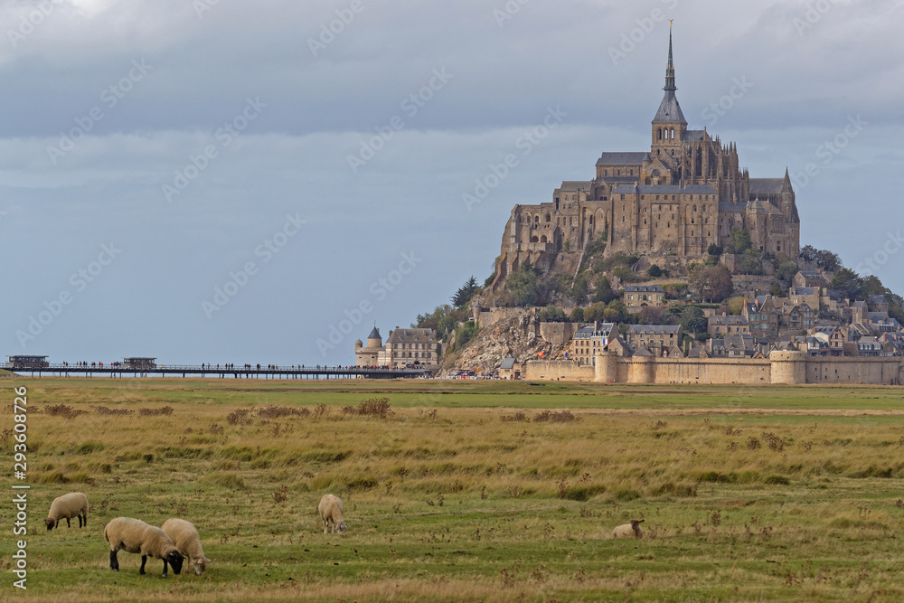 Naklejka premium Field landscape and abbey. One of most recognisable french landmarks, visited by 3 million people a year, Mont Saint-Michel and its bay are on the list of World Heritage Sites.