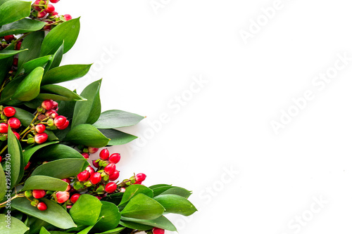 green herbs and red berries for summer design on white background top view mock up