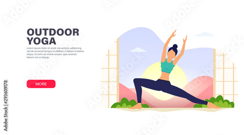 Young woman does yoga exercise - relax in nature. Modern flat design concept for website and mobile app.