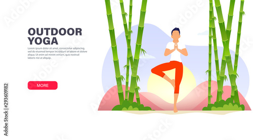 Young guy does yoga exercise - relax in nature. Modern flat design concept for website and mobile app.