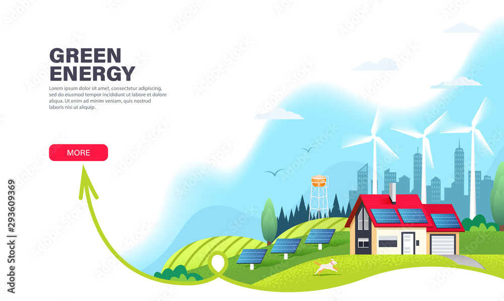 Alternative energy landing page template with solar panels and wind ...