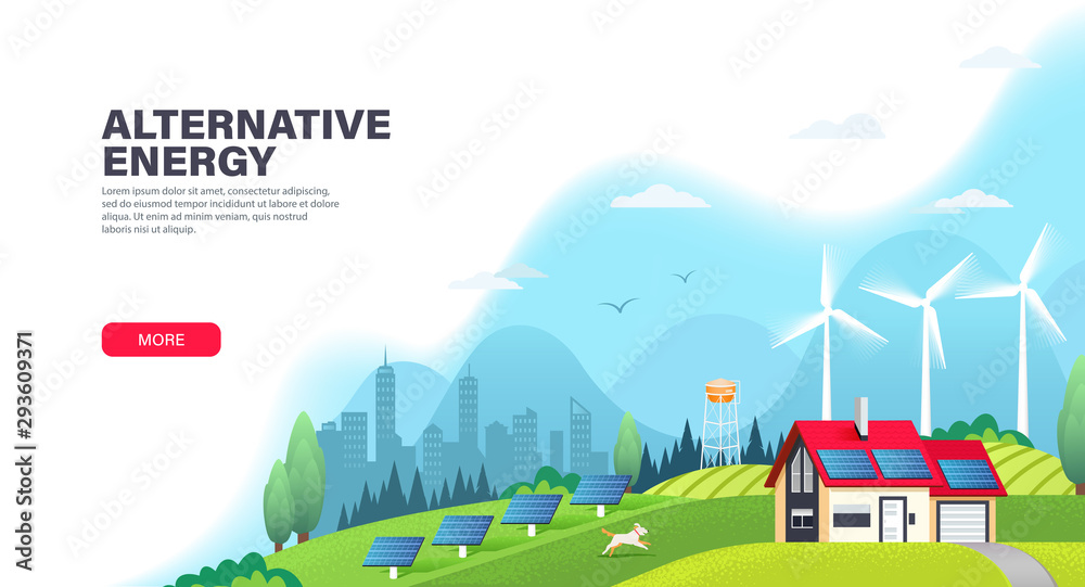 Alternative energy landing page template with solar panels and wind turbines. Ecological sustainable energy supply. Green energy and eco friendly house. Modern flat vector illustration.