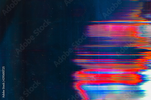 Screen damage. Digital glitch error. Colorful glow on teal blue background. photo