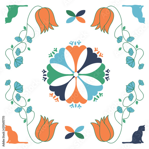 Cat Folk Art Quilt Square Vector Seamless repeat pattern. Repeating quilt square art featuring cats and flowers.