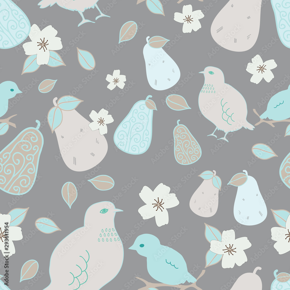 Partridge Birds and pear blossom seamless vector repeat pattern. Mother and baby Partridges with pears and blossoms.