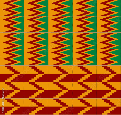 Kente ceremonial cloth pattern. African decorative textile background in yellow, green and red color.