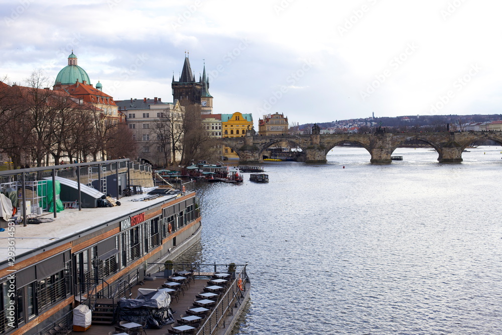 Fototapeta premium A winter day by the river in Prague