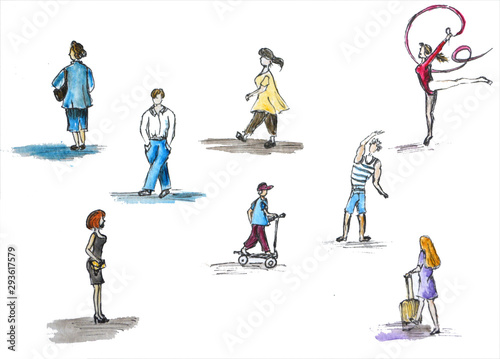 silhouettes of people in motion watercolor drawing