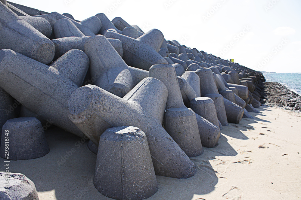 Coast with concrete breakwater tetrapod , Okinawa Japan. Coast with concrete breakwater tetrapod , Okinawa Japan.