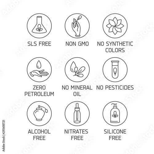 Vector set of logos, badges and icons for natural and organic products. Eco safe sign design. Collection symbol of healthy products.