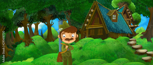 Fototapeta Naklejka Na Ścianę i Meble -  cartoon summer scene with farm house in the forest with hunter - illustration for children