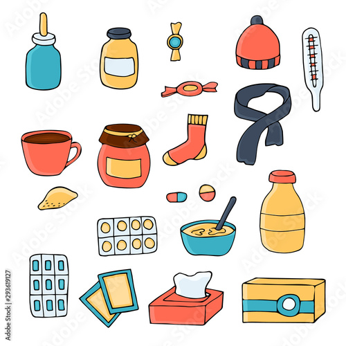 Hand drawn medicine objects collection. Color elements of the medicines. Home treatment vector set. 