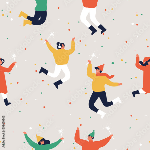 Happy winter vacation. Warmly dressed people are jumping. Merry christmas holiday seamless pattern.