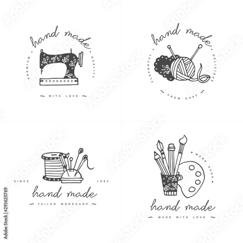 Handmade colorful line logos set. Handmade linear badges or outline labels. Knitwear and sewing symbols. Vector illustration.