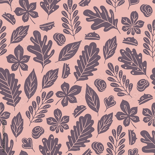 Autumn seamless pattern with silhouette chestnuts  oak leaves and branches